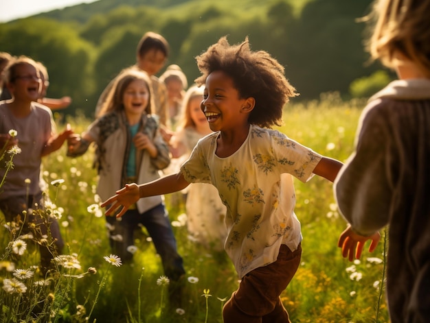 Photo des enfants jouent à l'échafaudage dans une prairie ensoleillée un après-midi d'été.