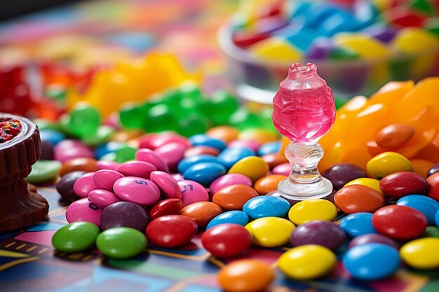 Photo des enfants jouent à un jeu de lancer des bagues sur le thème des bonbons.