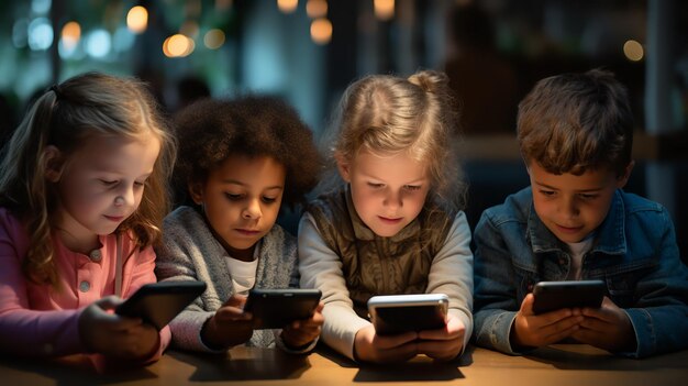 Les enfants jouent à des jeux sur leurs smartphones et certains regardent des vidéos