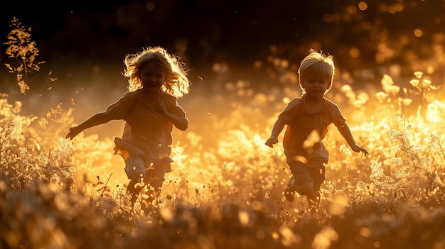 Des enfants jouent joyeusement dans l'herbe haute sous le ciel sombre de la nuit.