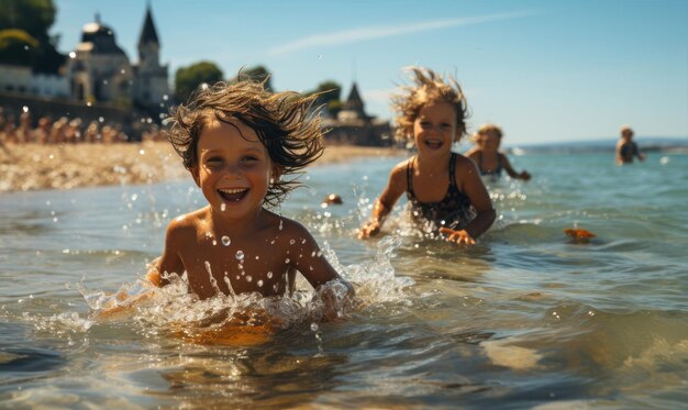 Photo les enfants jouent sur la plage, les vagues de la mer, l'été, l'amitié familiale.