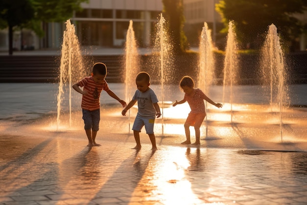 Les enfants jouent et se refroidissent avec des éclaboussures d'eau dans une fontaine en cas de vague de chaleur extrême