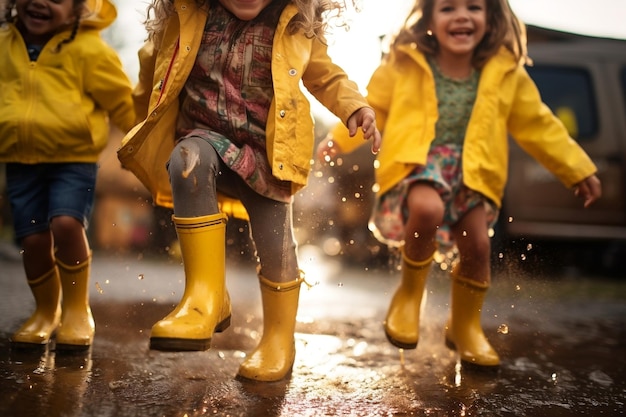 Des enfants joyeux en bottes jaunes sautent à l'extérieur AI générative