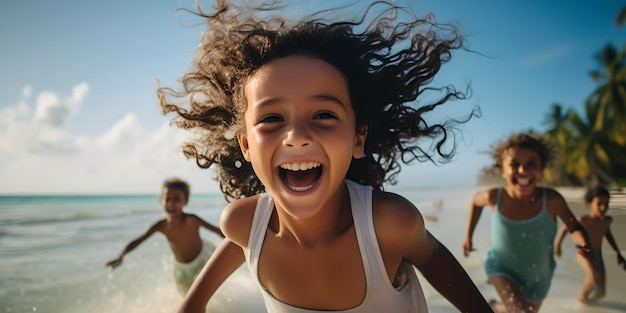 Des enfants joyeux courant sur une plage ensoleillée capturant le bonheur et la liberté des jours d'été, une IA de jeu sur la plage sans soucis