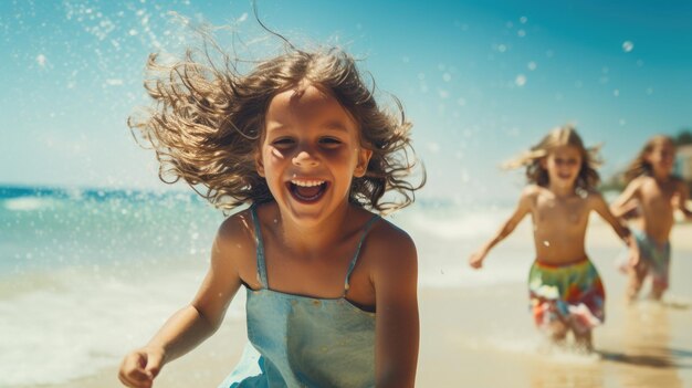 Des enfants joyeux courent sur une plage ensoleillée.
