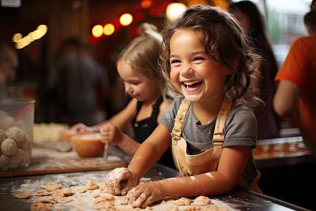 Des enfants joyeux créent des pizzas colorées dans un cours de cuisine amusant IA générative