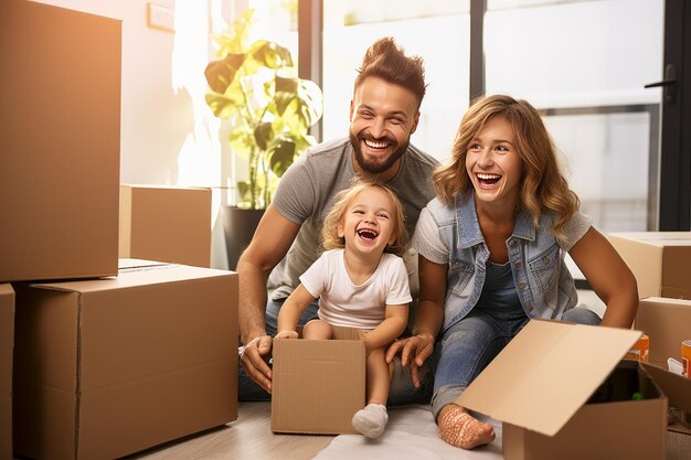 Des enfants joyeux dans des boîtes, des parents célébrant le jour du déménagement.