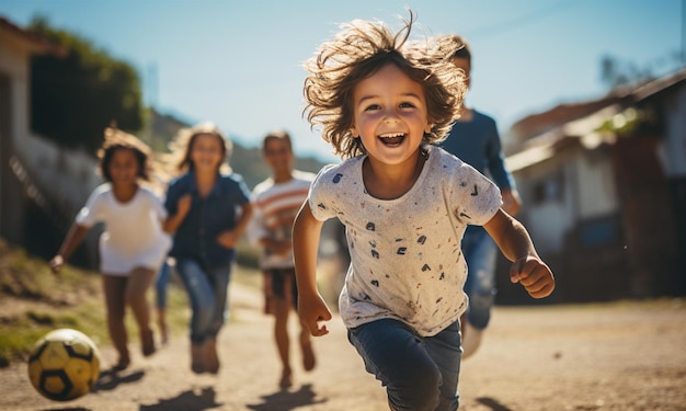 Des enfants joyeux jouant au football dans le village.