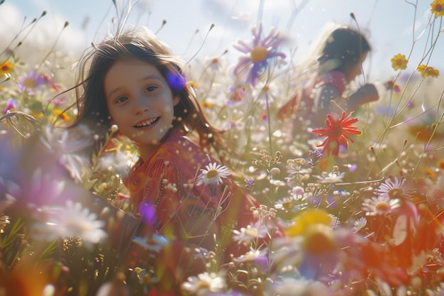 Des enfants joyeux jouant dans des champs de fleurs sauvages