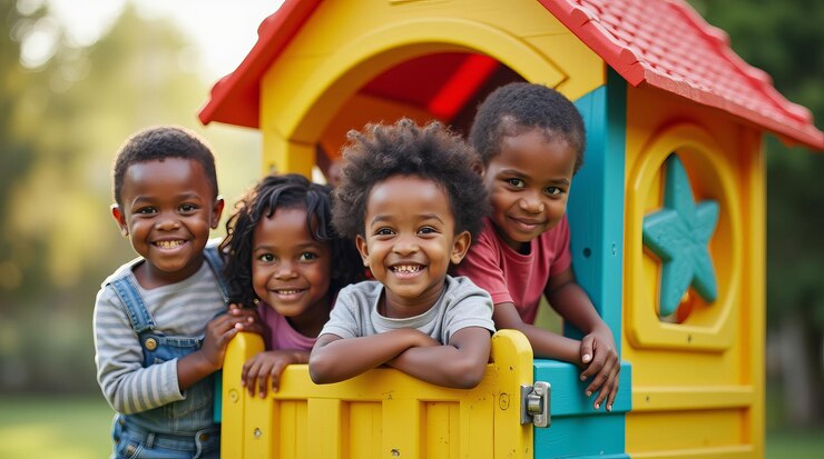 Des enfants joyeux jouant dans une maison de jeux colorée à l'extérieur souriant brillamment avec une verdure luxuriante en arrière-plan Concept de maison de jeux