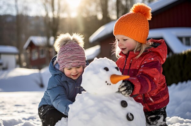 Des enfants joyeux jouent avec le bonhomme de neige