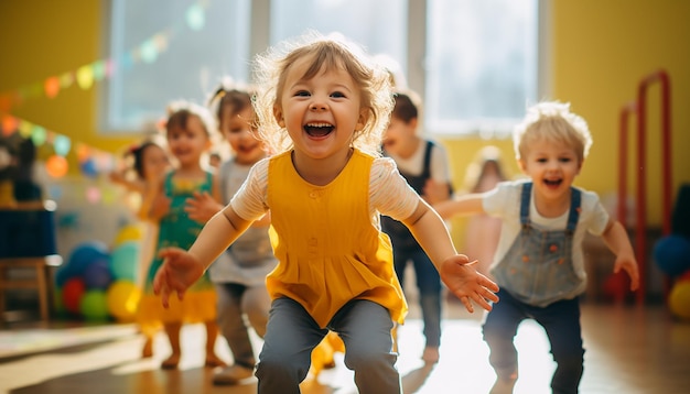 Des enfants joyeux jouent à la photographie de la maternelle Fond coloré et minimal de la maternelle