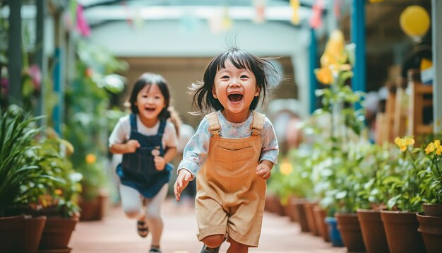 Des enfants joyeux jouent à la photographie de la maternelle Fond coloré et minimal de la maternelle