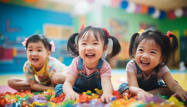 Des enfants joyeux jouent à la photographie de la maternelle Fond coloré et minimal de la maternelle