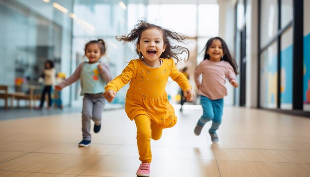 Des enfants joyeux jouent à la photographie de la maternelle Fond coloré et minimal de la maternelle