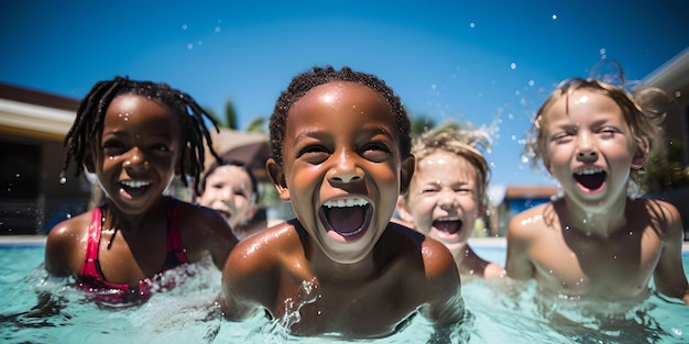 Des enfants joyeux nageant et jouant dans une piscine par une journée ensoleillée capturant l'essence des plaisirs estivaux AI