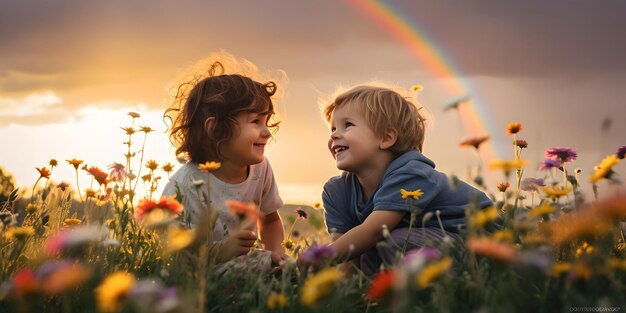 Des enfants joyeux riant dans un champ de fleurs avec un arc-en-ciel des moments magiques d'enfance capturés la sérénité et le bonheur à l'extérieur AI