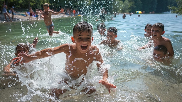 Des enfants joyeux s'éclaboussant dans un lac cristallin avec leurs parents qui applaudissent d'une couverture de pique-nique à proximité