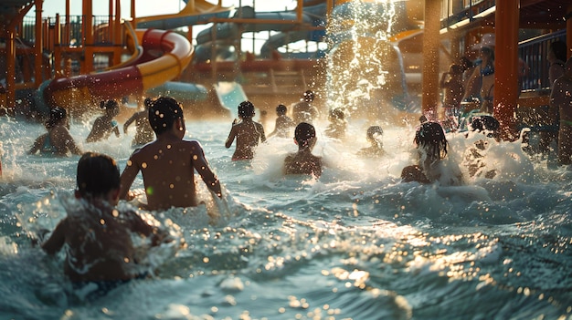 Des enfants joyeux s'éclaboussant dans la piscine d'un parc aquatique intérieur, une famille s'amusant dans un parc de toboggan d'eau, une activité d'été ludique et heureuse, une capture sincère d'enfants nageant, une IA.