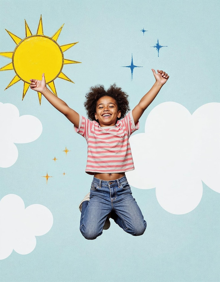 Photo des enfants joyeux sautent avec un collage d'arrière-plan du ciel ensoleillé