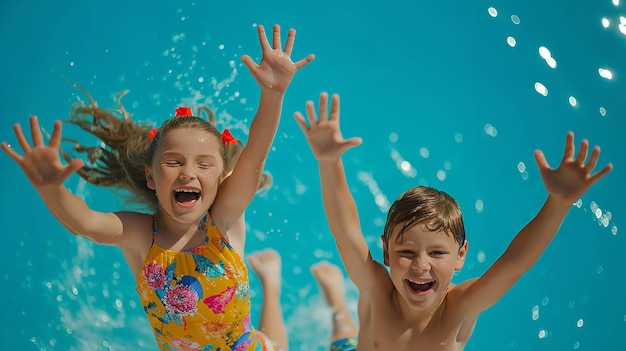 Des enfants joyeux se réjouissent en sautant en nageant dans la piscine Ai générative