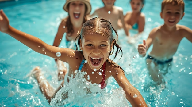 Des enfants joyeux se réjouissent en sautant en nageant dans la piscine Ai générative