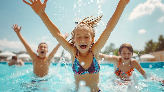 Des enfants joyeux se réjouissent en sautant en nageant dans la piscine Ai générative