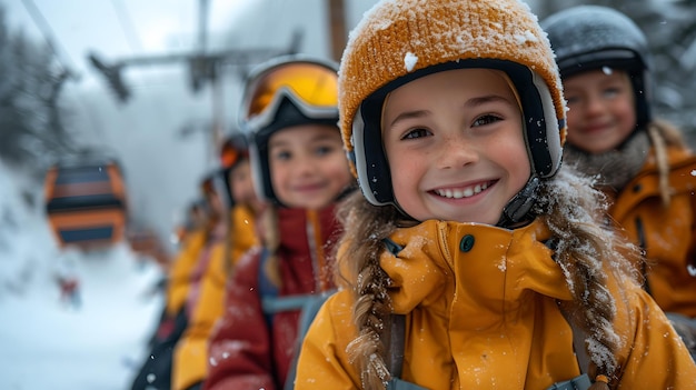 Des enfants joyeux en tenue d'hiver colorée profitant d'une journée enneigée, des moments heureux capturés dans une IA au pays des merveilles hivernales