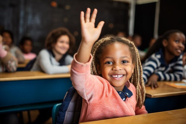 Photo enfants à la leçon dans la classe première cloche enfants en uniforme scolaire assis à des bureaux concept de la journée des connaissances arrière-plan décentré