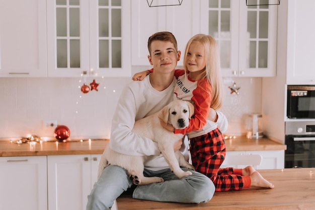 Les enfants avec leur chien bien-aimé sont assis dans la cuisine de Noël. passe-temps familial. mode de vie. frère et soeur, garçon et fille jouent et s'amusent avec un animal de compagnie. espace pour le texte. Photo de haute qualité