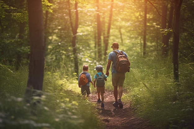 Les enfants et leur papa partent en randonnée et explorent la nature avec joie Fête des pères