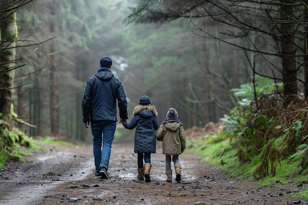 Des enfants avec leur père dans la forêt.