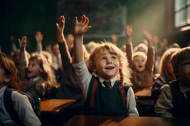 Photo les enfants lèvent la main pour répondre aux questions.