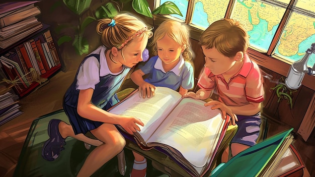 Des enfants lisant une illustration scolaire Lire l'aventure