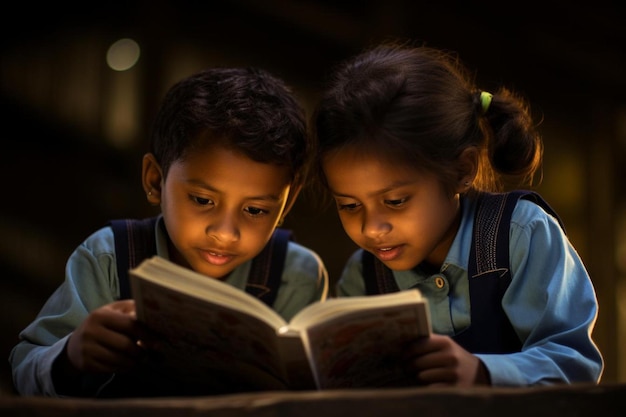 Des enfants lisant un livre dans le noir.