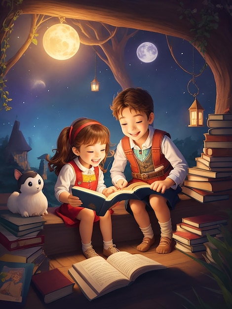 Photo les enfants lisent joyeusement un livre d'histoires avec une aventure magique