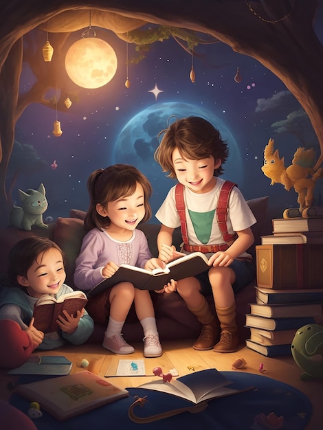 Photo les enfants lisent joyeusement un livre d'histoires avec une aventure magique