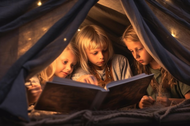 Les enfants lisent un livre de conte de fées avant d'aller se coucher dans une tente confortable faite maison à la maison