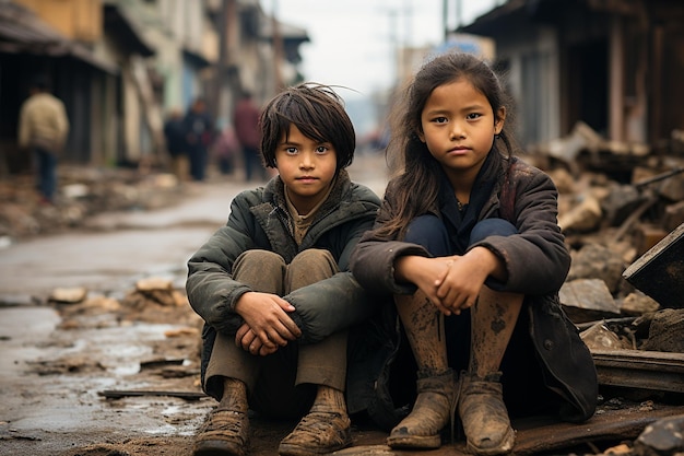 Des enfants maigres sont assis au bord de la rue.