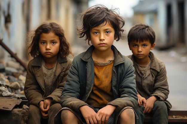 Des enfants maigres sont assis au bord de la rue.