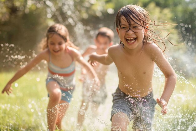 Des enfants en maillot de bain courent joyeusement à travers l'arroseur en souriant dans le paysage naturel.