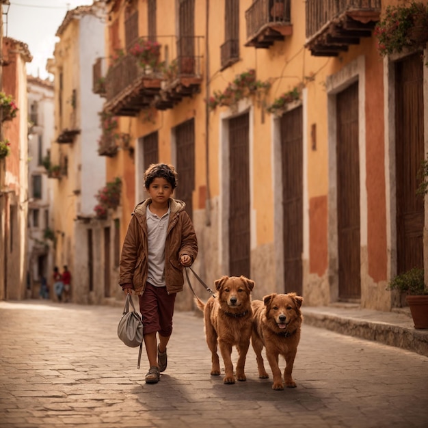 Photo des enfants marchant sur des pavés avec des chiens de rue