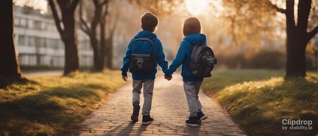 Photo enfants marchant vers l'école