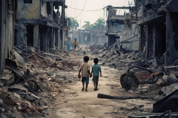 Des enfants marchent au milieu des ruines de bâtiments détruits