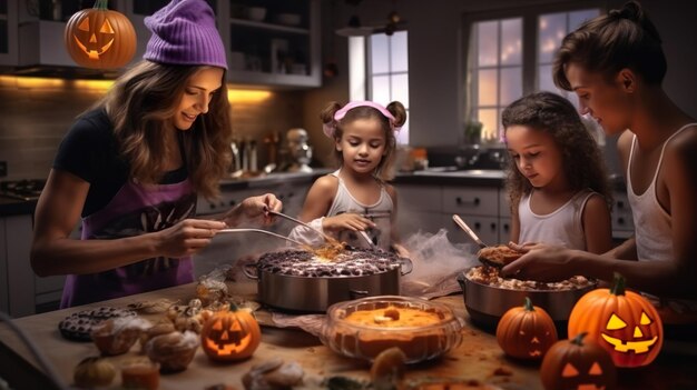 Les enfants et la mère se préparent pour la célébration de l'événement d'Halloween