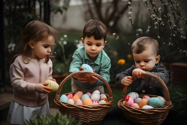 Les enfants mettent des œufs de Pâques colorés dans des paniers Generative AI