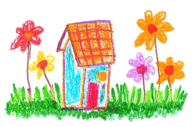 Enfants mignons dessinant une illustration de crayon de maison avec une fleur en journée ensoleillée