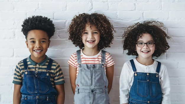 Des enfants mignons et élégants sur le mur blanc.