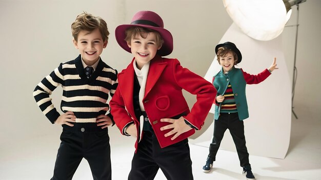 Des enfants mignons et élégants sur un studio blanc.