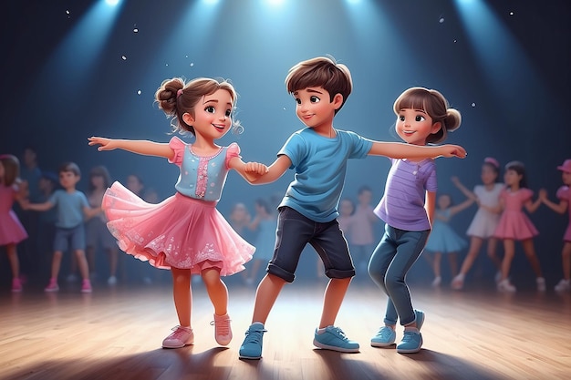 Des enfants mignons et heureux. Un garçon et une fille dansent ensemble.